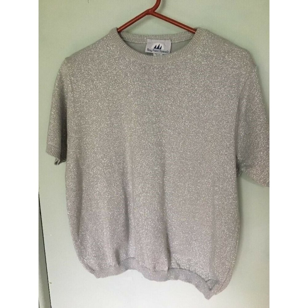 Vintage Bay Points Threads  Silver Lurex Short Sleeve Sweater Vintage L USA made